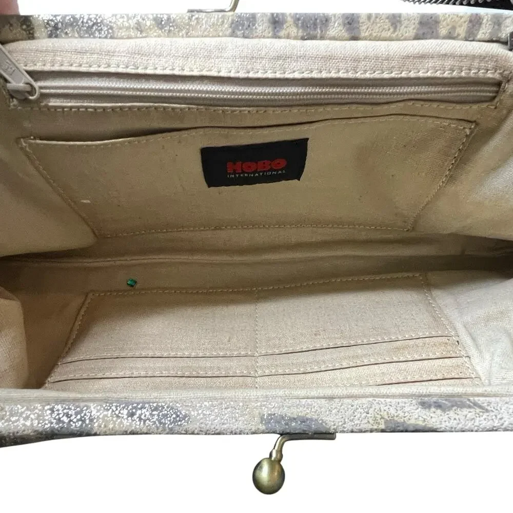 Hobo International Vtg. Frame Bag Clutch Chain Kiss Lock Leopard Print Tan Gold